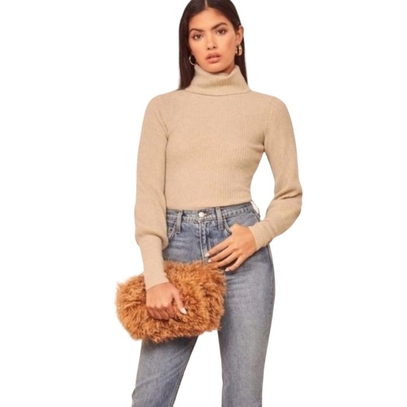 Reformation Victoria Cashmere Turtleneck Sweater I sand Beige Size Large Ribbed - Picture 1 of 6